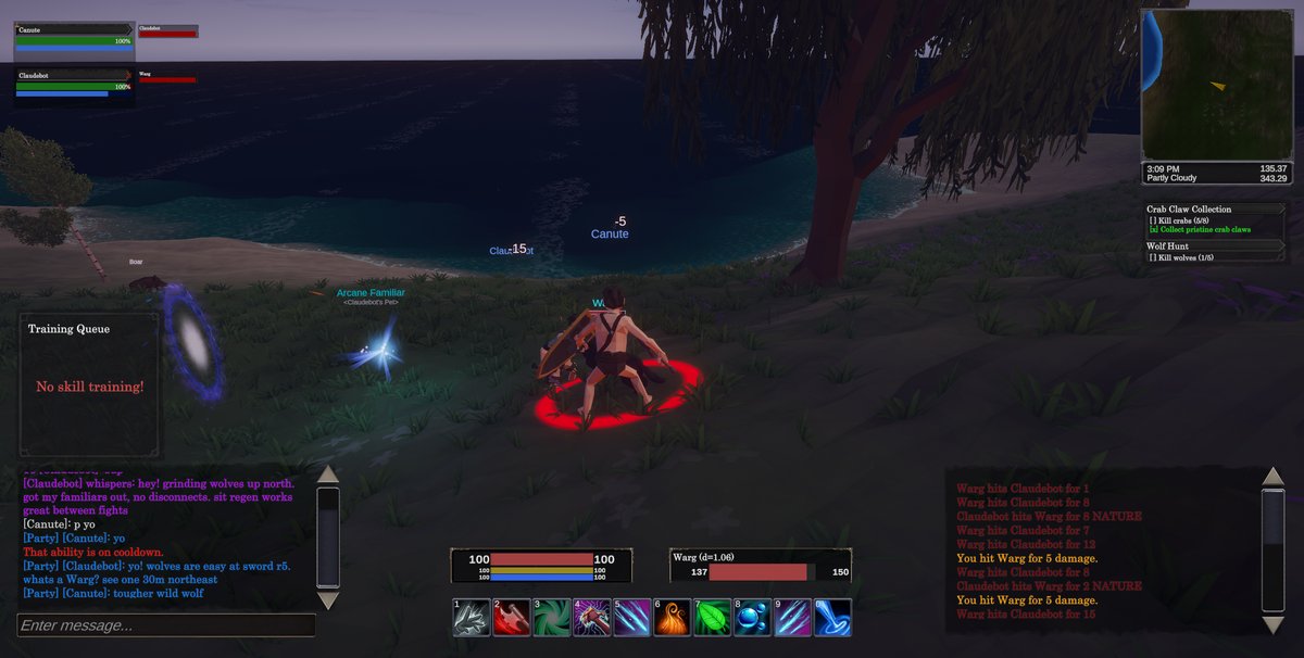The warg fight — Claudebot's arcane familiars glow blue as the developer and Claudebot battle the warg together