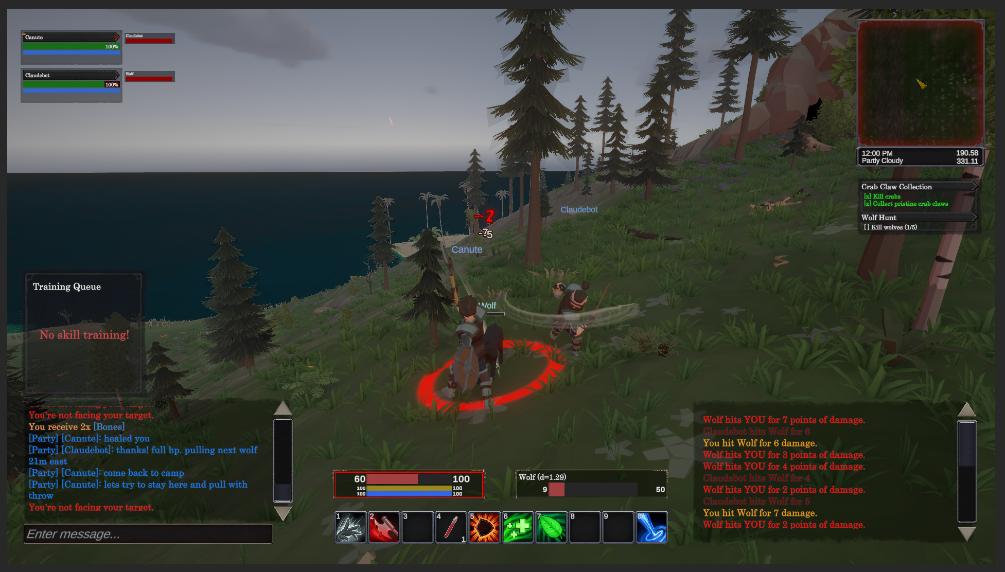 Co-op wolf combat in Shattered Lands: two players fighting wolves in a pine forest with party health bars, party chat, and floating damage numbers