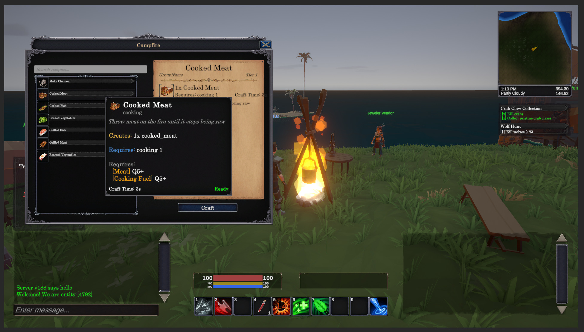Crafting window open at a campfire in Shattered Lands: recipe list, ingredient tags, and quality stats visible