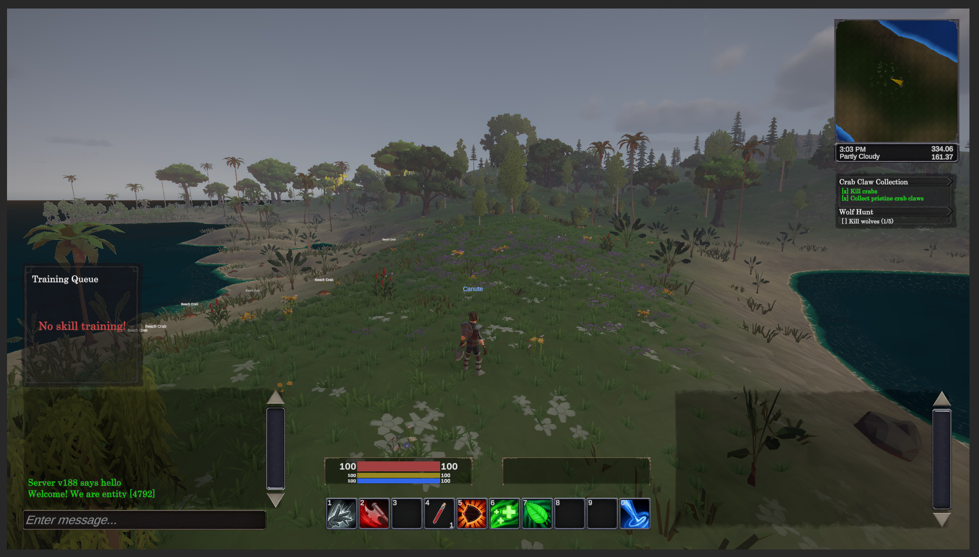 Island exploration in Shattered Lands: wildflower meadow with crabs, trees, and coastline stretching into the distance