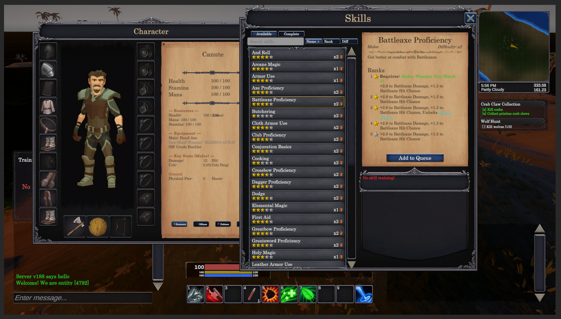 Character sheet and skill training window in Shattered Lands: showing stats, equipment, and skill ranks with difficulty ratings